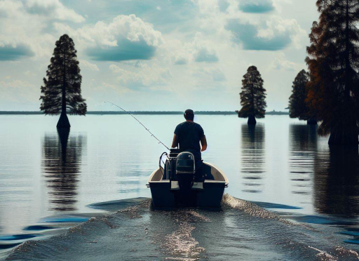 Man fishing in a boat on a lake image